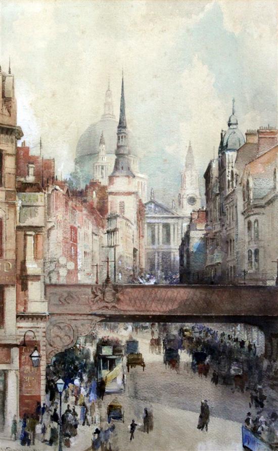 L. Sampson (19th C.) London street scene looking towards to St Pauls, 25.5 x 16.5in.